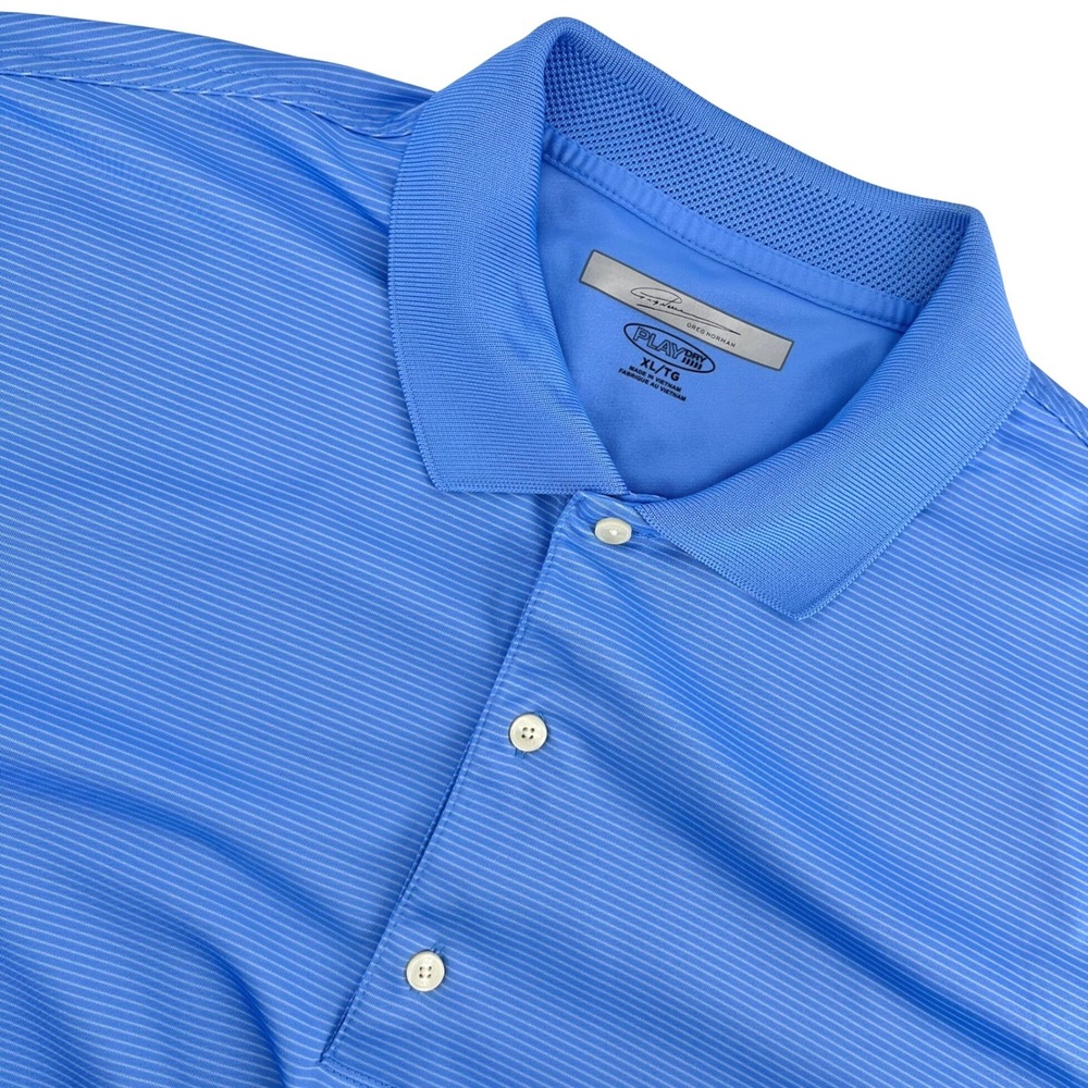 Greg Norman Polo Shirt Men XL Blue Striped Play Dry Performance Golf Performance